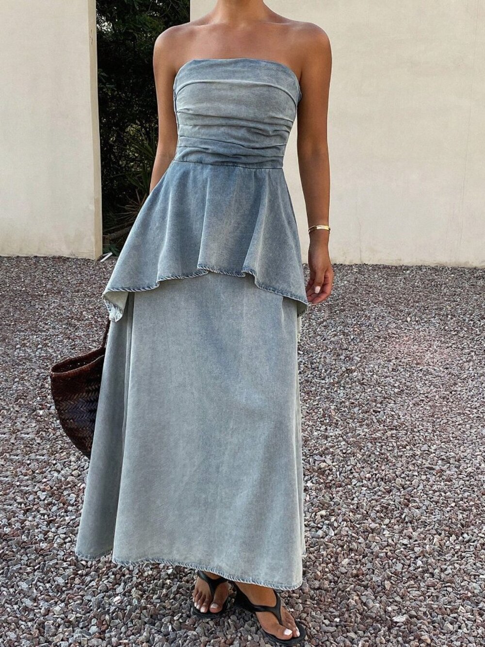 Blue Casual Bohemian Women's Midi Denim Dress with Spaghetti Straps - Picture 5 of 7